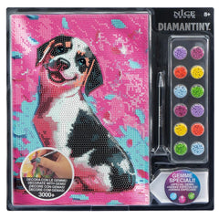 NICE Diamantiny Pets Coloring Arts Crafts kit featuring colorful gemstones, a pen, and a black and white dog design on pink p