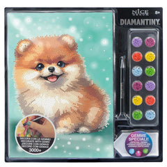 NICE Diamantiny Pets Coloring Arts Crafts features a small dog figurine, gemstones, pen, sticker, and instructional label in