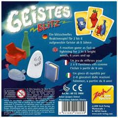 Noris Ghost Blitz Board Game cover features colorful cartoon characters and objects with playful designs and a lightning moti