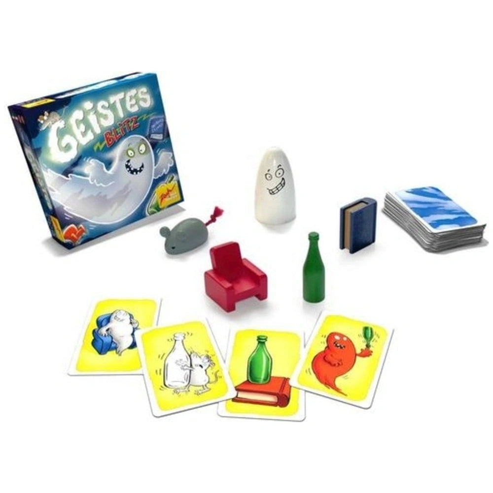 Noris Ghost Blitz international board game set featuring colorful cartoonish items including cards, characters, and a box.