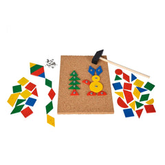 Noris Hammergame Arts & Crafts set featuring colorful geometric shapes, a corkboard, bolts, and a black hammer.
