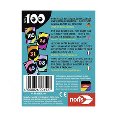 Noris Trick 100 card game packaging featuring playful illustrations, bold numbers, and German text on poker strategies.