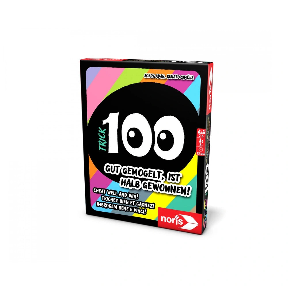 Noris Trick 100 card games packaging features bold 100 and colorful design, promoting cheat tricks for gaming fun.