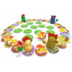 Noris Zicke Zacke Huhnerkacke board game featuring cartoon animals on colorful circular game pieces in a playful garden scene