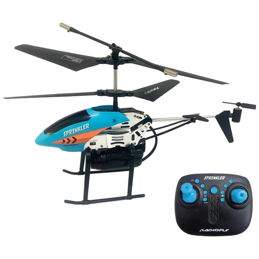 ODS Radiofly RC helicopter in black with blue accents, featuring a single rotor, propeller, and remote control with blue butt