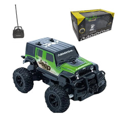 ODS RC Jeep 4x4 in green and black plastic with rubber wheels, antenna, and spare tire, featuring "JEEP" and "RADIOCOM" label
