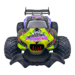RC Vampire Monster vehicle in glossy green with yellow accents, black roof, and textured black front bumper, featuring tinted