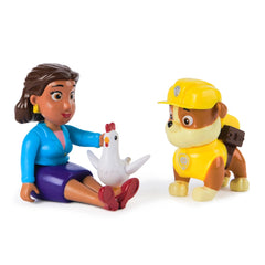 Paw Patrol Action Pups figurines feature a female holding a chicken and a male with a badge, both in vibrant colors.