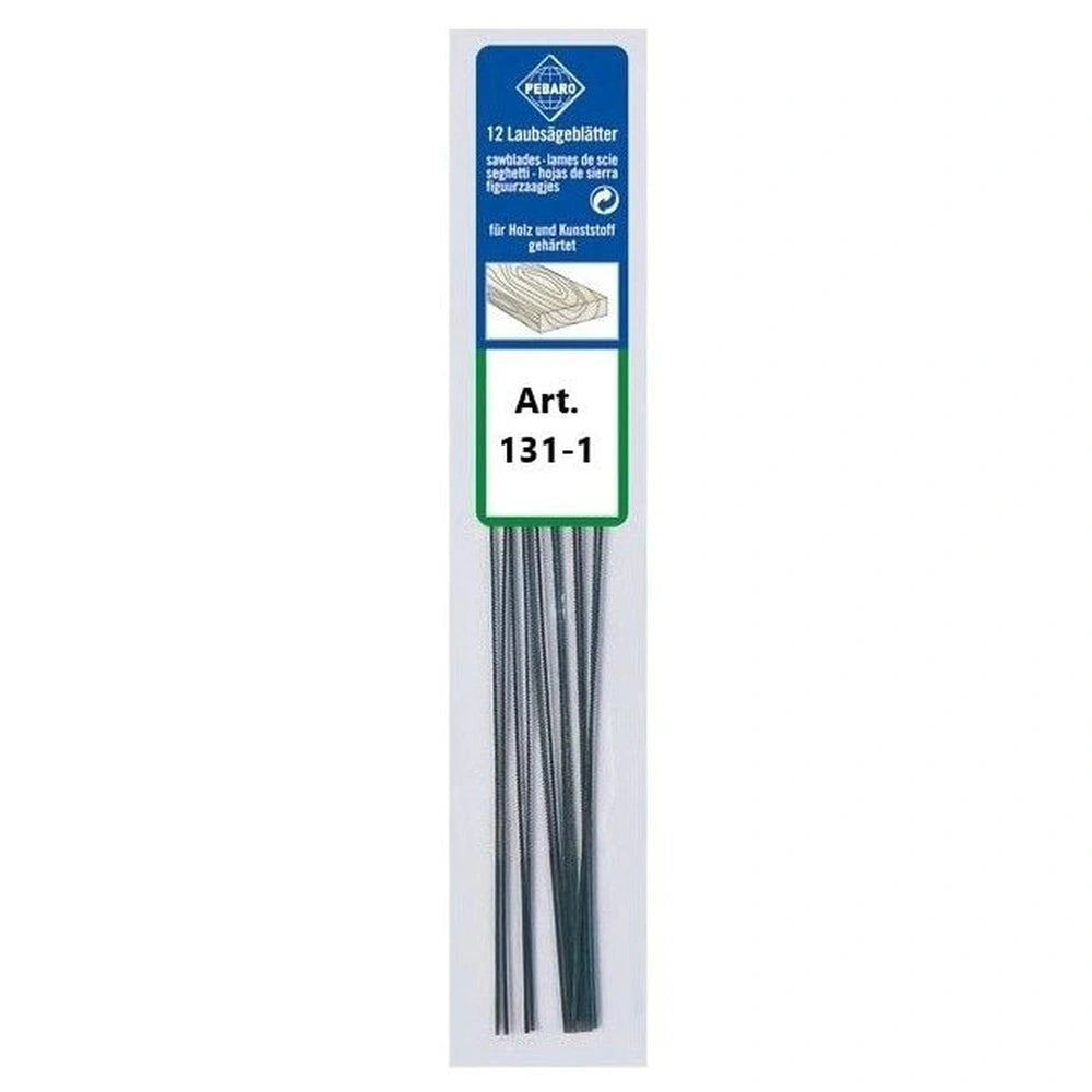 Pebaro 131-1 fretsaw blades in a blue and white pack, containing 12 blades for wood and plastic.