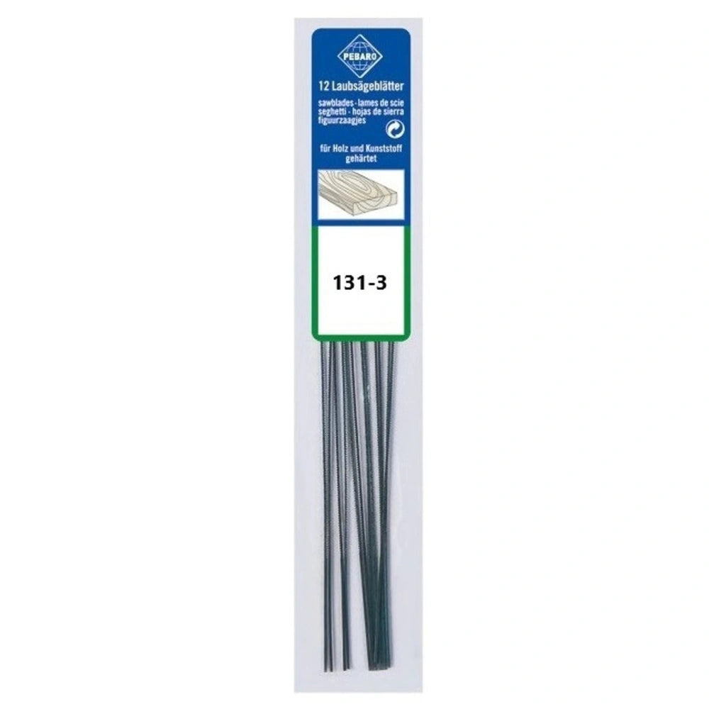 Pebaro 131-3 fretsaw blades package, featuring 12 metal blades for woodworking and crafts.