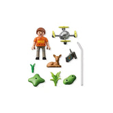 Playmobil Fawn Rescue toy playset featuring a plastic figure with orange clothing, brown pants, and a drone accessory.