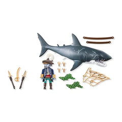 Playmobil Giant Shark with Pirate features a shiny metallic shark and a matte pirate figure in blue coat and green pants.