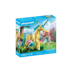 Playmobil Magic Unicorns Sunshine Blossom playset features a yellow unicorn, pink pony, and purple fairy on glossy blue packa