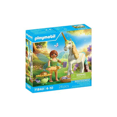 Playmobil Magic Unicorns toy playset features a white and yellow unicorn, green fairy, and clear window packaging with age la