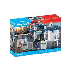 Playmobil Police Command Center toy playset in a blue and red cardboard box featuring multiple plastic windows and figurines.