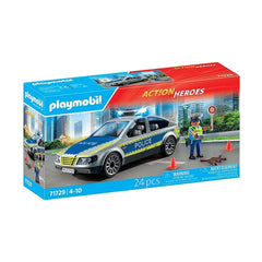 Playmobil Police-Patrol-Car toy playset packaging features a glossy red background with clear plastic window and white text d