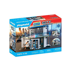 Playmobil Police Station with Investigation Room in a blue cardboard box featuring multiple white plastic windows.