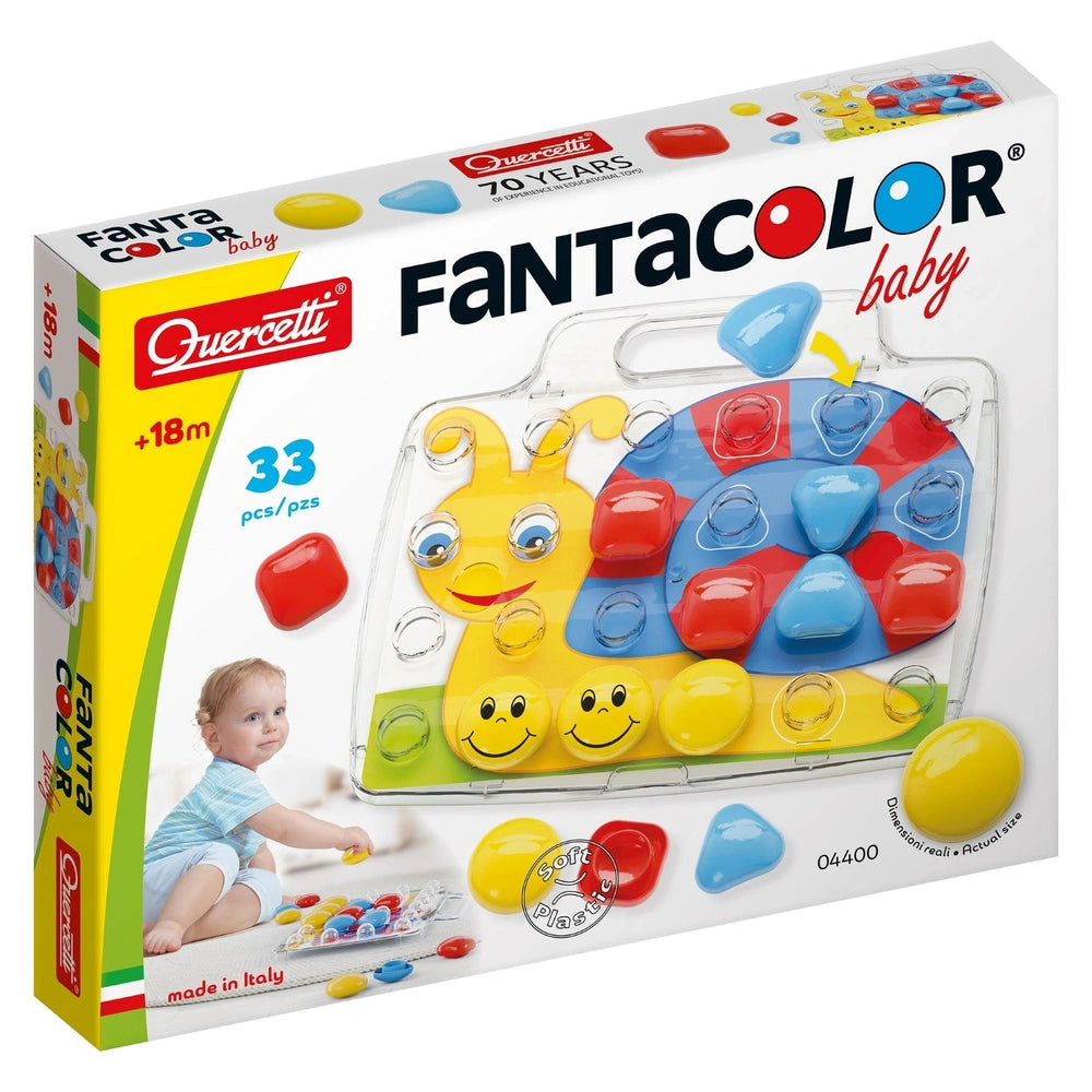 Quercetti FantaColor Baby activity toy packaging features a white background with red and green accents, showcasing colorful