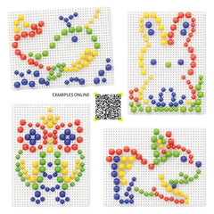 Quercetti FantaColor Tab Basic features colorful plastic balls on a white grid background with a QR code in the corner.