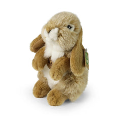 Plush beige hare stuffed animal with brown and white fur, large ears, and a white patch on its chest, sitting upright.