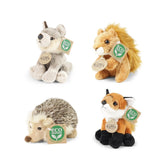 Rappa plush forest animals in gray, brown, orange, and white, each with an eco-friendly tag, arranged in a grid.