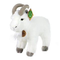 Plush goat stuffed animal with a white coat, grey hooves, curved horns, and eco-friendly tag, standing against a light backgr