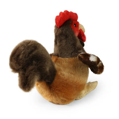 Plush hen toy with a fluffy body, red comb, and white feet, set against a plain white background.