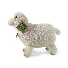 Plush sheep toy made of soft, fluffy material, featuring a simple face and an "ECO FRIENDLY" tag on its ear.