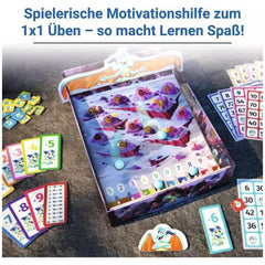 Ravensburger 1X1 Drachen board game features a colorful game board with plastic pieces shaped like boats and scattered cards.
