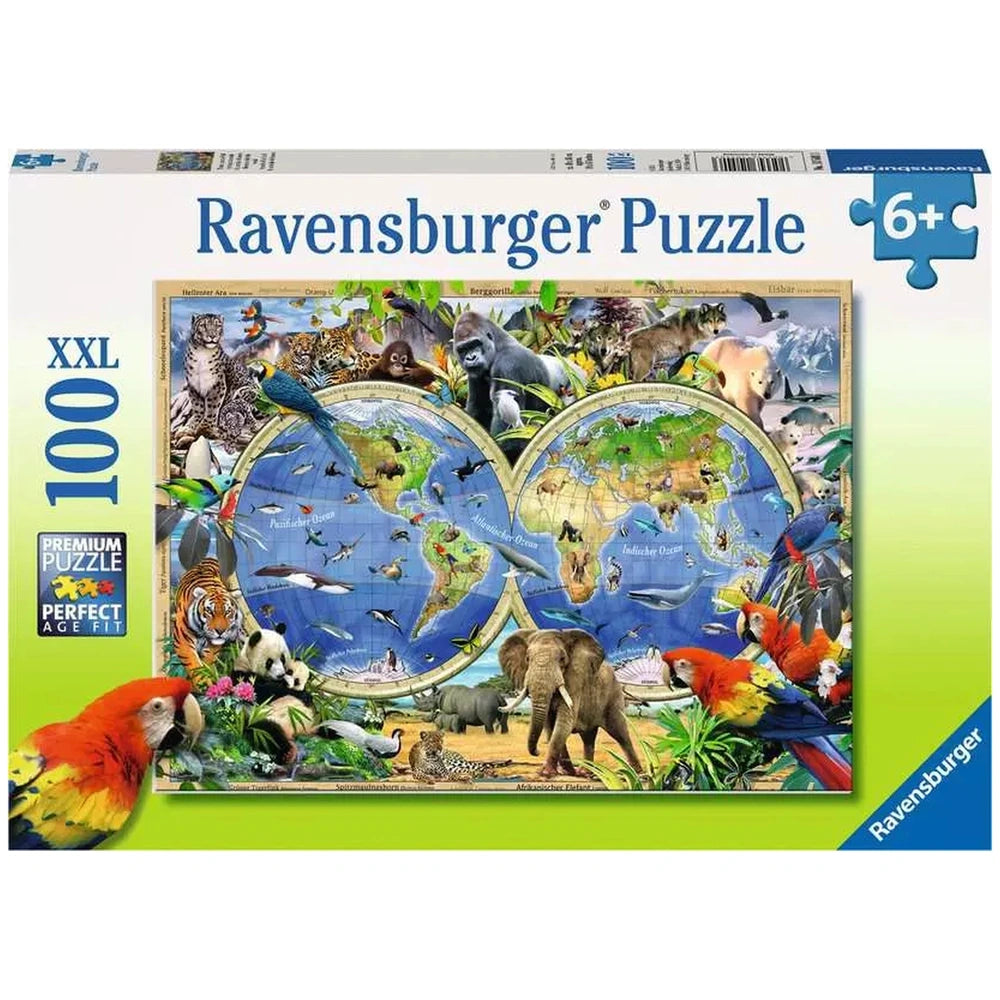 Ravensburger puzzle box featuring a colorful illustration of animals and landscapes, labeled "100 PIECES" and "6+".