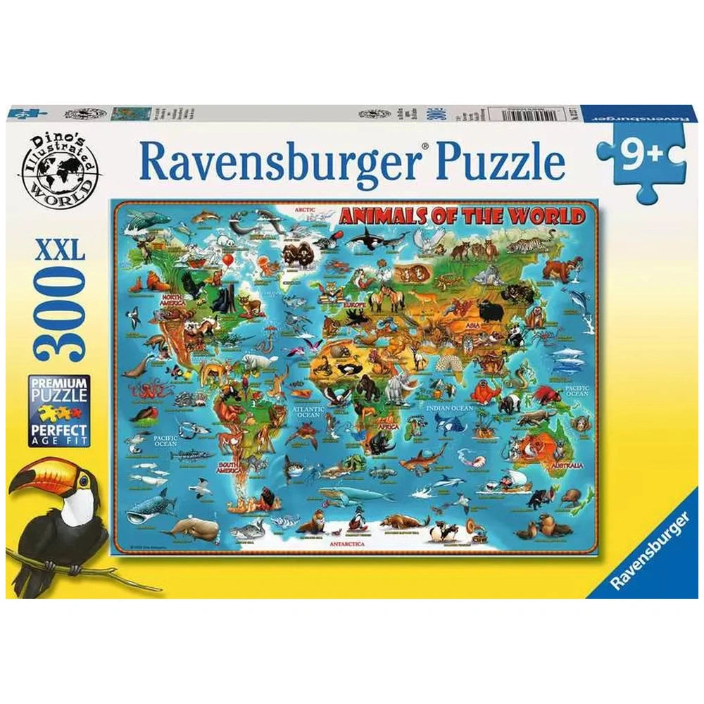 Ravensburger puzzle box featuring a colorful world map with animals, designed for ages 9+, with a glossy yellow and blue fini
