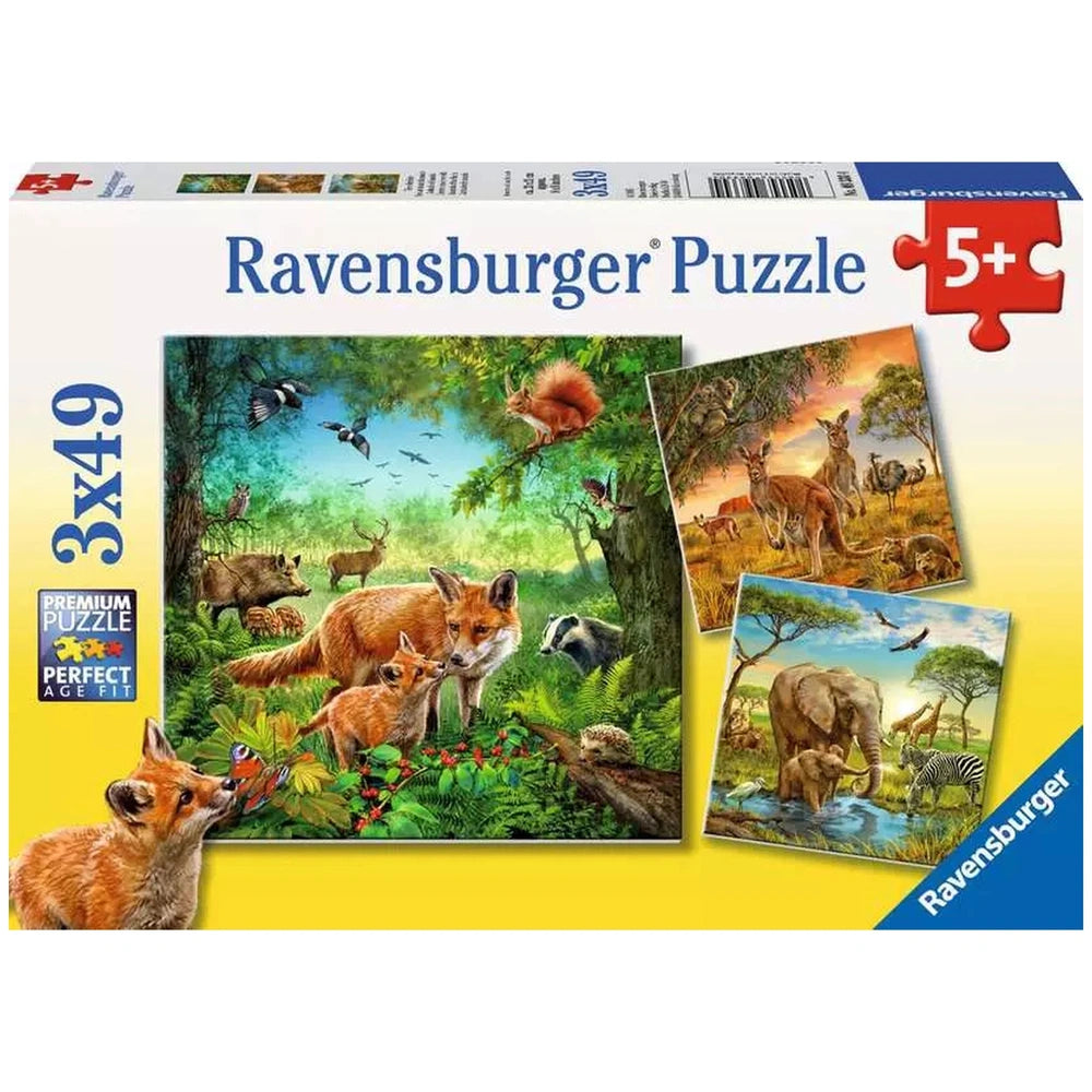 Ravensburger puzzle box featuring a vibrant forest scene with animals like foxes and deer, designed for ages 5 and up.