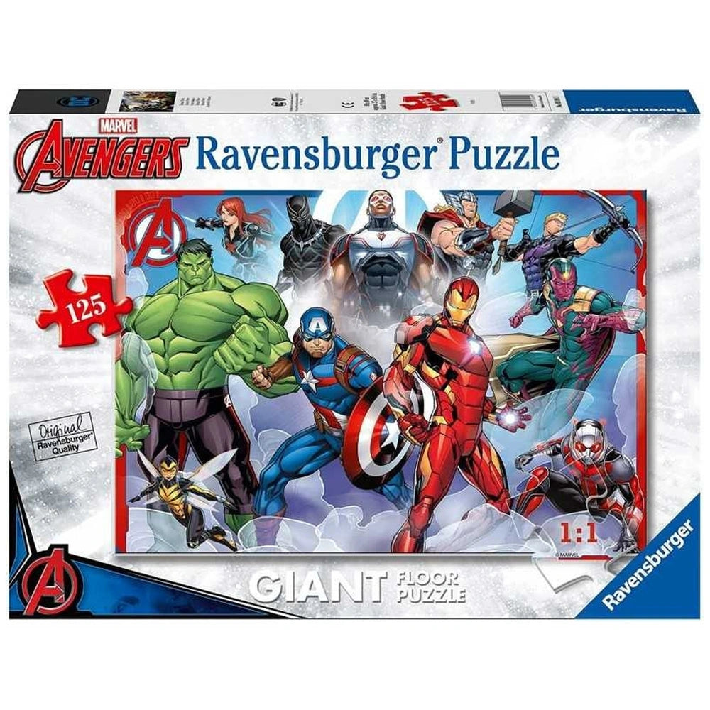 Ravensburger Avengers giant floor puzzle box features vibrant comic book art with iconic characters in action poses.