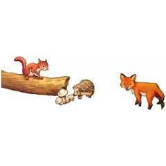 Baby Forest Animals puzzle features a squirrel, hedgehog, and fox on a textured wooden log in a natural setting.