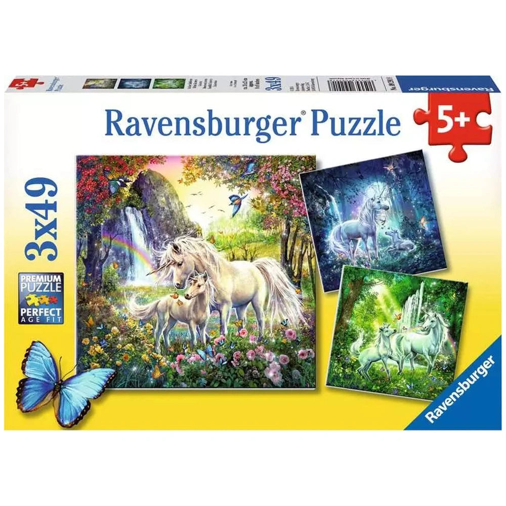 Ravensburger puzzle box featuring a vibrant unicorn scene with a butterfly, rainbow, and waterfall, designed for children.