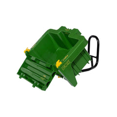 Rollybox John Deere green riding toy features a green plastic container with yellow handle and black metal handle, labeled "B