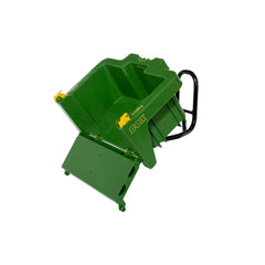 Rollybox John Deere green riding toy made of green plastic, featuring yellow hinges and a black metal handle.
