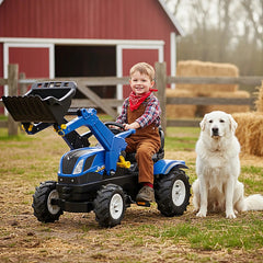 A child in overalls and a red bandana smiles on a blue ATV beside a large white dog in a rural setting with a red barn.
