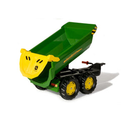 Green toy tractor with a yellow scoop and black wheels, designed for riding, set against a white background.