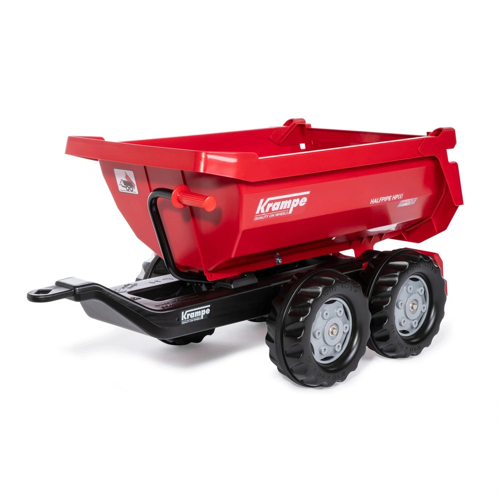 Rollyhalfpipe Krampe Trailer is a red wheelbarrow with a black metal wheelbase, designed for durability and outdoor use.