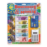 RS Toys mini calculator credit card set features colorful packaging with coins, a calculator, and Italian text for pretend pl