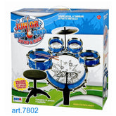 Junior Rock Band Ritmo Rock Drums toy set in blue and silver packaging, featuring a drum, cymbals, stool, and drumsticks.