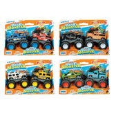Monster truck toy set featuring four colorful vehicles with large tires, packaged with bold "DRIVE MONSTER" branding.