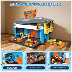 RS Toys Pista Pit Stop 2 in 1 Portable Garage and Launcher Track features colorful LEGO components with a toy car on a wooden