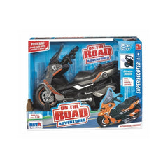 RS Toys Super Scooter toy motorcycle in blue packaging with red and white accents and a clear window showcasing the toy.