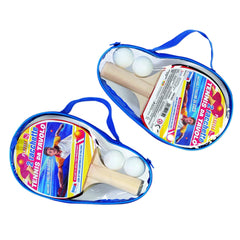 RS Toys table tennis playset features two blue racquets with wooden handles and synthetic heads, each holding a white tennis