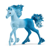 Bayala Elementa Water Flames Unicorn Foal figurine in glossy blue with a flowing mane and tail, set against a white backgroun