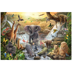 SCHMIDT SPIELE - Animals in Africa puzzle features a vibrant scene with an elephant, giraffes, zebras, and a waterfall in a l