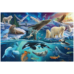 Arctic animals puzzle featuring marine life, a polar bear on ice, and seabirds against a vibrant underwater scene.