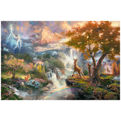 Schmidt Spiele Bambi puzzle features a vibrant landscape with a waterfall, lush greenery, a majestic tree, and a rainbow.